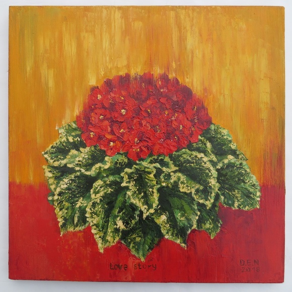 African Violet Love Story Painting Oil on Canvas - Picture 2 of 8